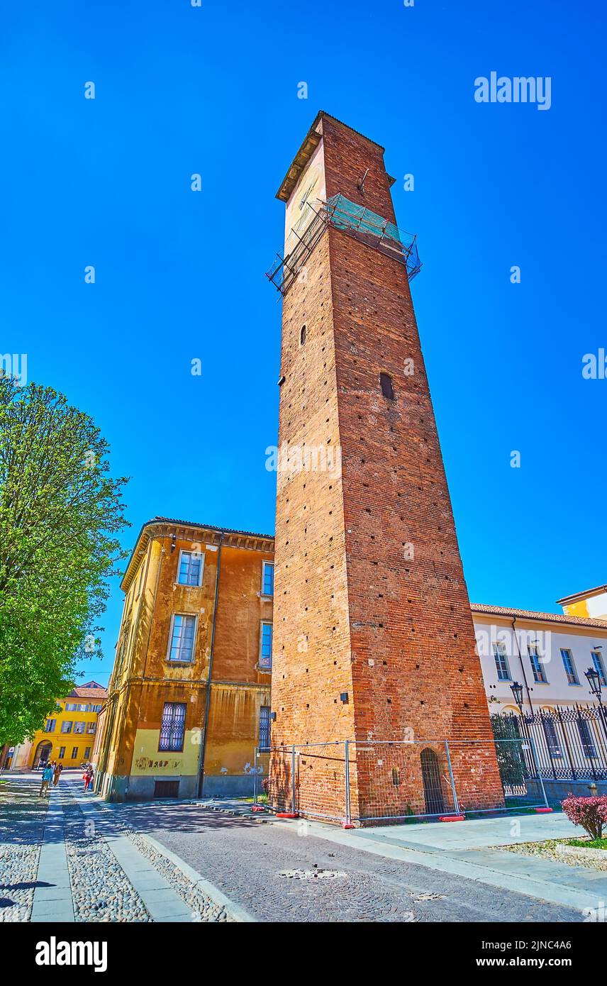 Tall towers in historical center are the famous medieval heritage of Pavia, Italy Stock Photo