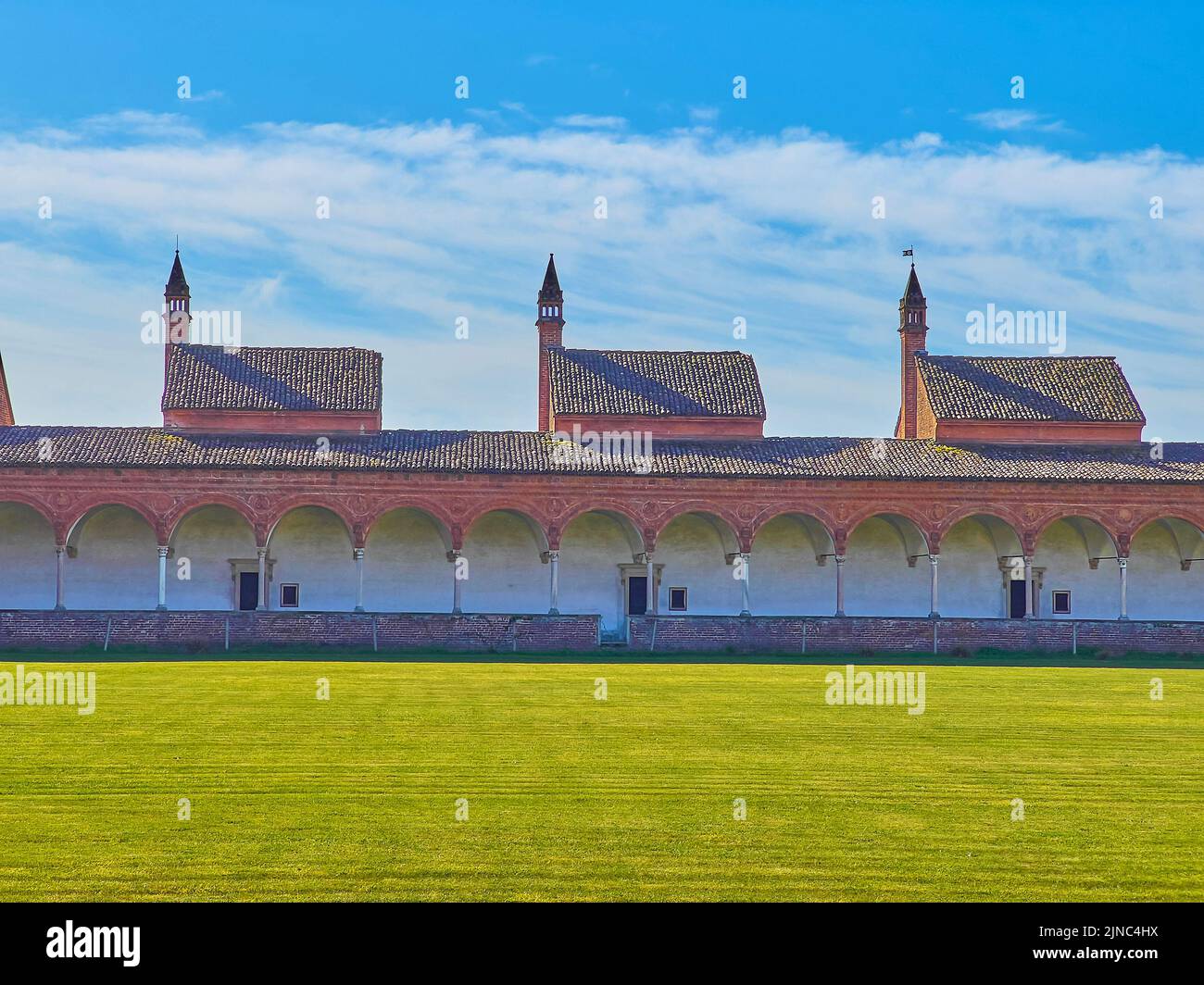 The monk's cells and the covered gallery of Grand Cloister of Certosa di Pavia monastery, Italy Stock Photo