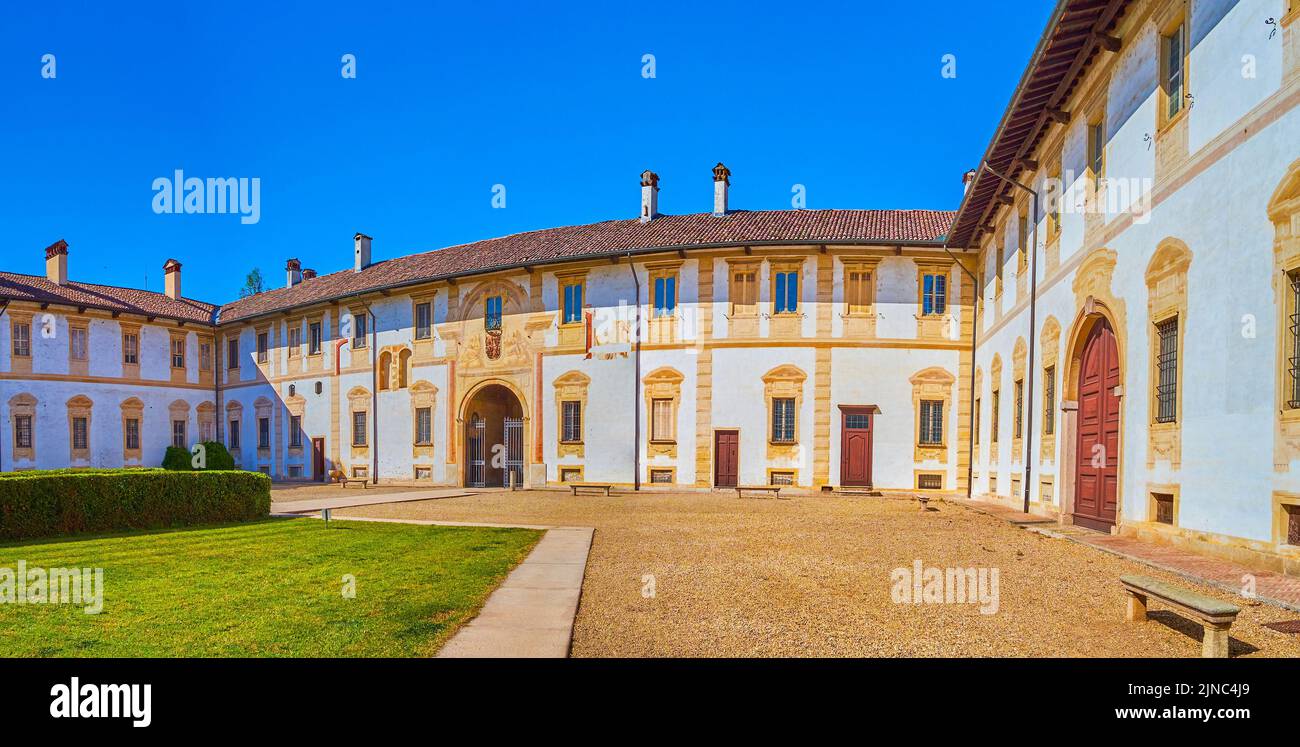 Panoramic view on historic buildings of Certosa di Pavia monastery complex, Italy Stock Photo