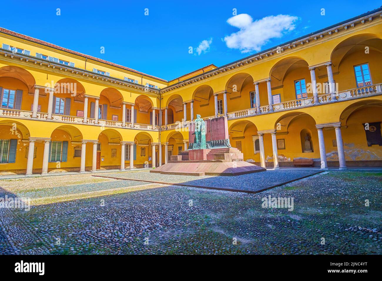 PAVIA ITALY APRIL 9 2022 The Bright Courtyard With Arcades On PAVIA ITALY APRIL 9 2022 The Bright Courtyard With Arcades On