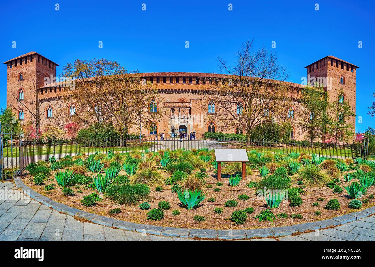 Panorama of Visconti Castle and large park in Pavia, Italy Stock Photo