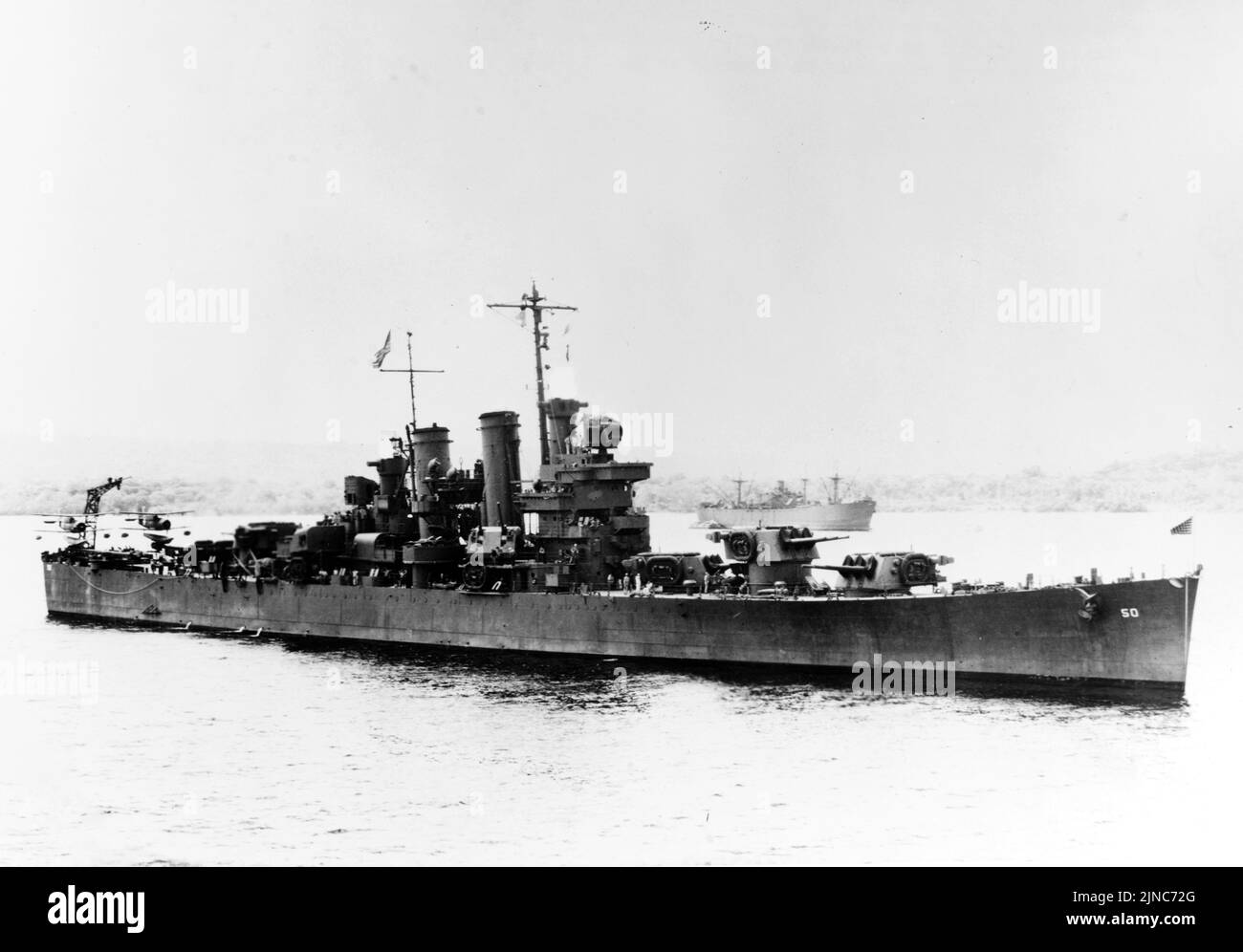 U.S. cruiser Helena, part of Task Force 64 under Norman Scott. Task Force 64 was assembled to protect troops and supplies heading to Guadalcanal in WW2 Stock Photo