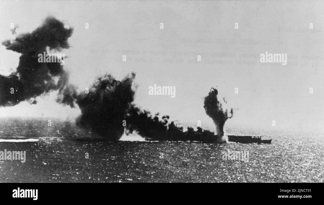 Japanese aircraft carrier Shoho is torpedoed, during attacks by U.S. Navy carrier aircraft in the late morning of 7 May 1942 during hte Battleof the Coral Sea Stock Photo