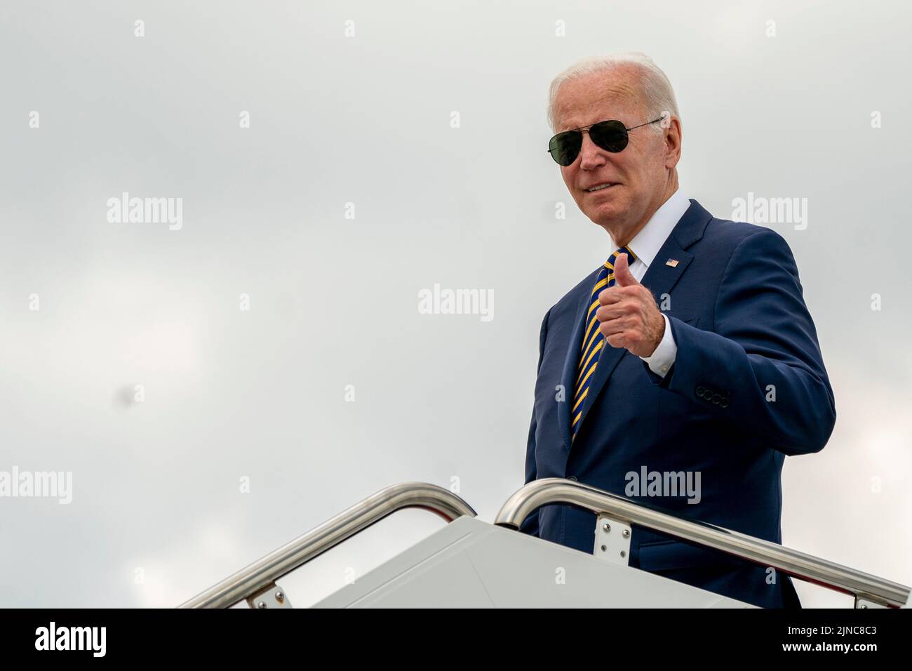 United States President Joe Biden gives a thumbs up as he boards Air Force One at Joint Base Andrews, Maryland, USA, 10 August 2022.Credit: Shawn Thew/Pool via CNP /MediaPunch Stock Photo