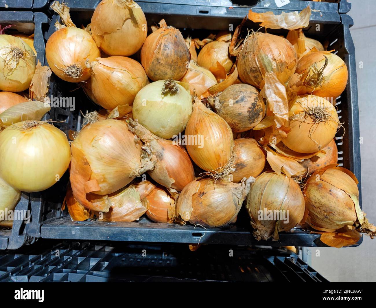 Fresh raw onions in a tray on a supermarket shelf in the Netherlands Stock Photo
