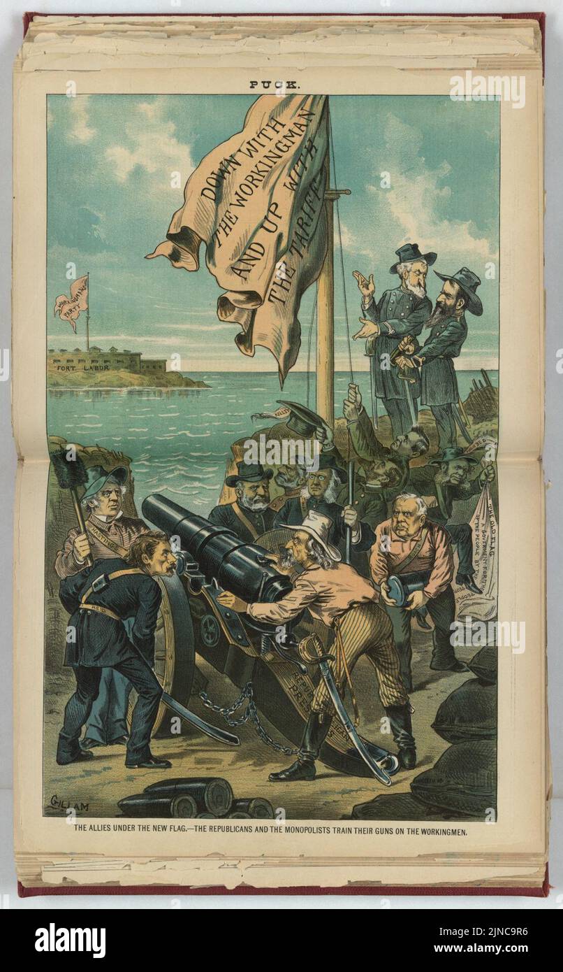 The allies under the new flag - the Republicans and the monopolists train their guns on the workingmen - Gillam. Stock Photo