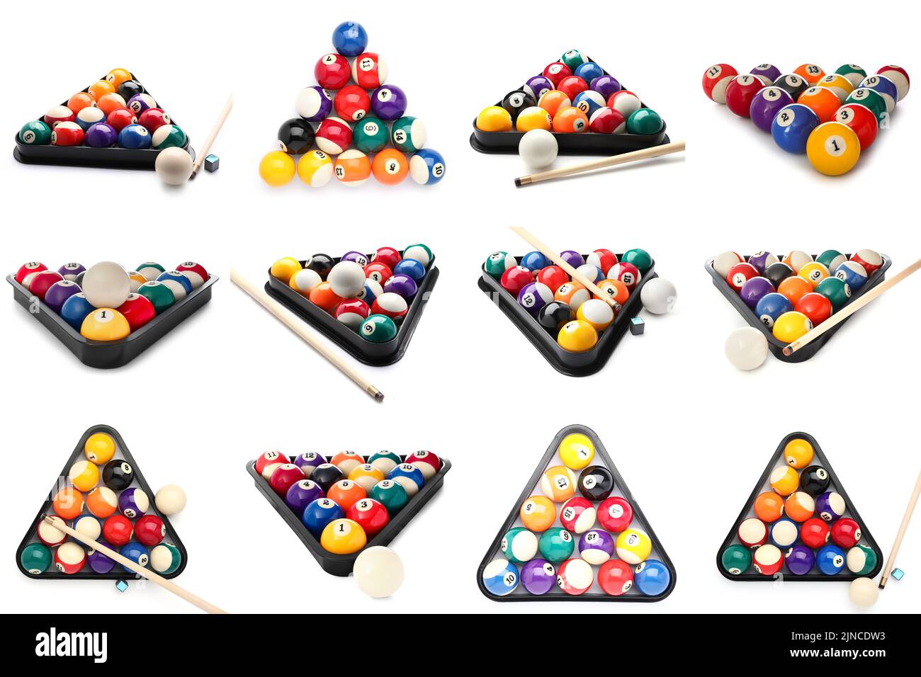 Set of billiard balls and racks isolated on white Stock Photo Alamy