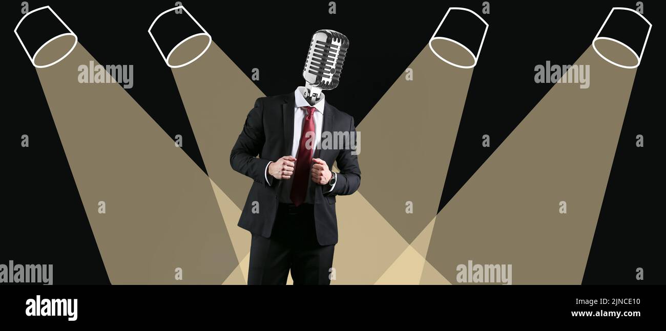 Singer with microphone instead of his head on stage Stock Photo Alamy