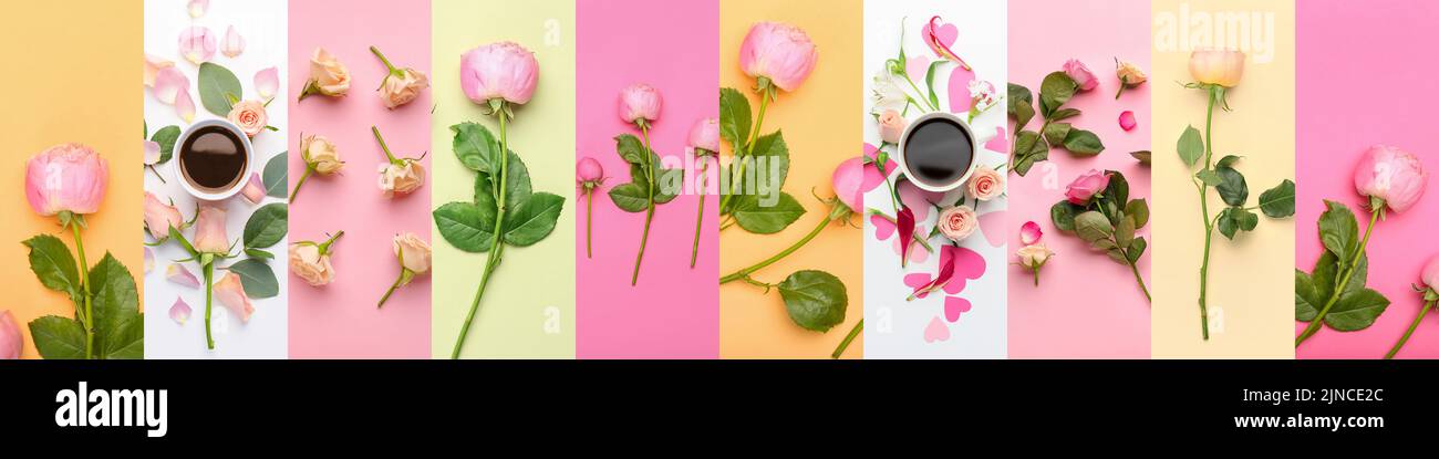 Pink Roses College Collage with beautiful pink roses and coffee Stock Photo - Alamy