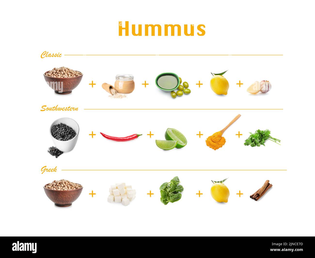 Set of tasty hummus with different ingredients on white background ...