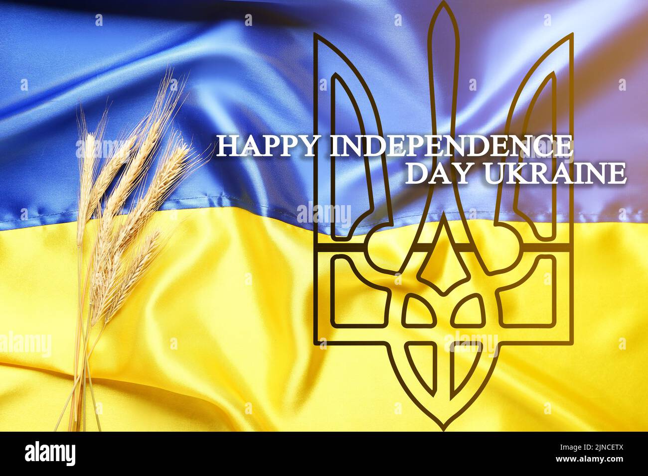 Poster for Ukrainian Independence Day with flag and wheat spikelets Stock Photo