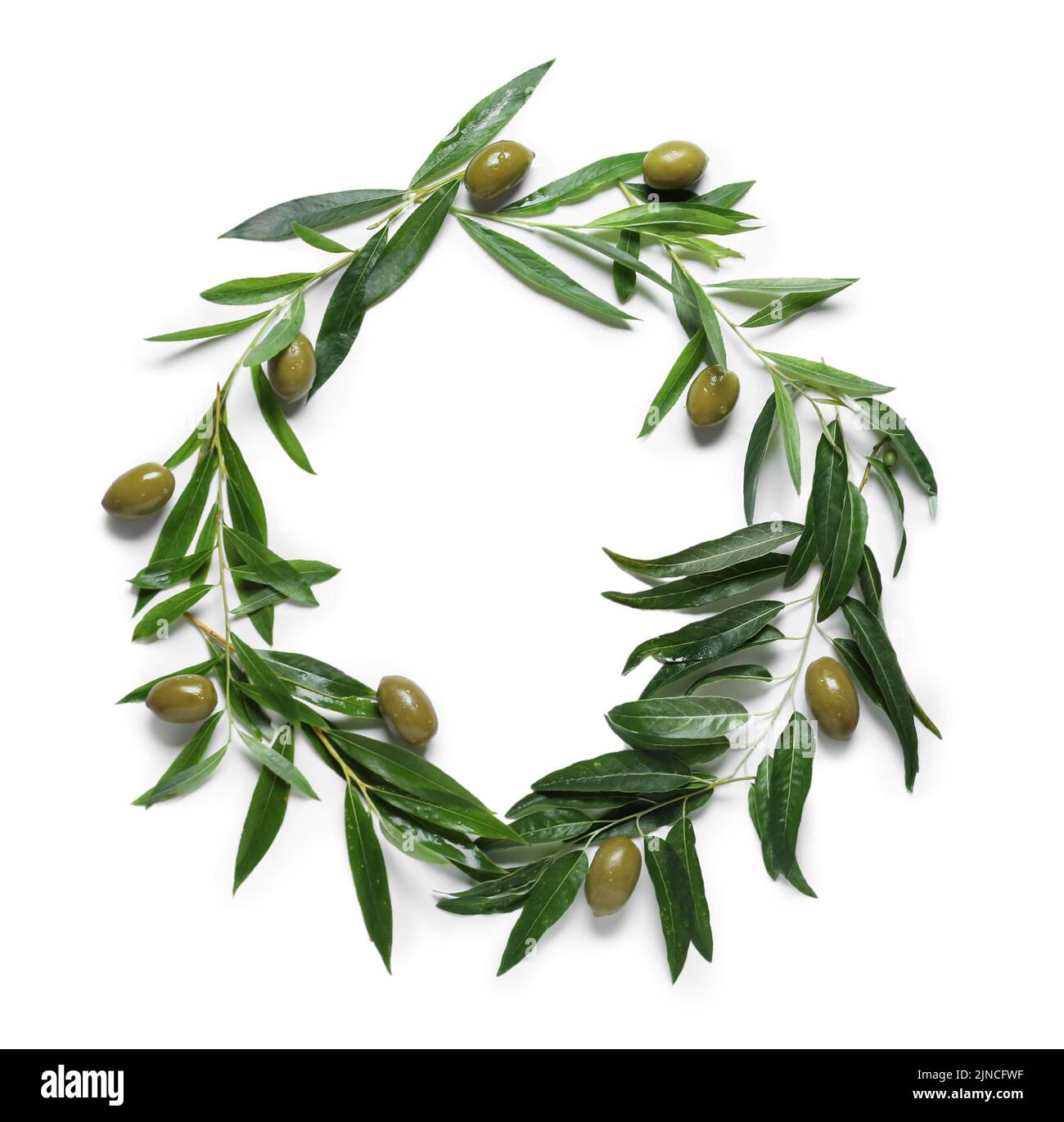 Frame made of green olives and leaves on white background Stock Photo ...