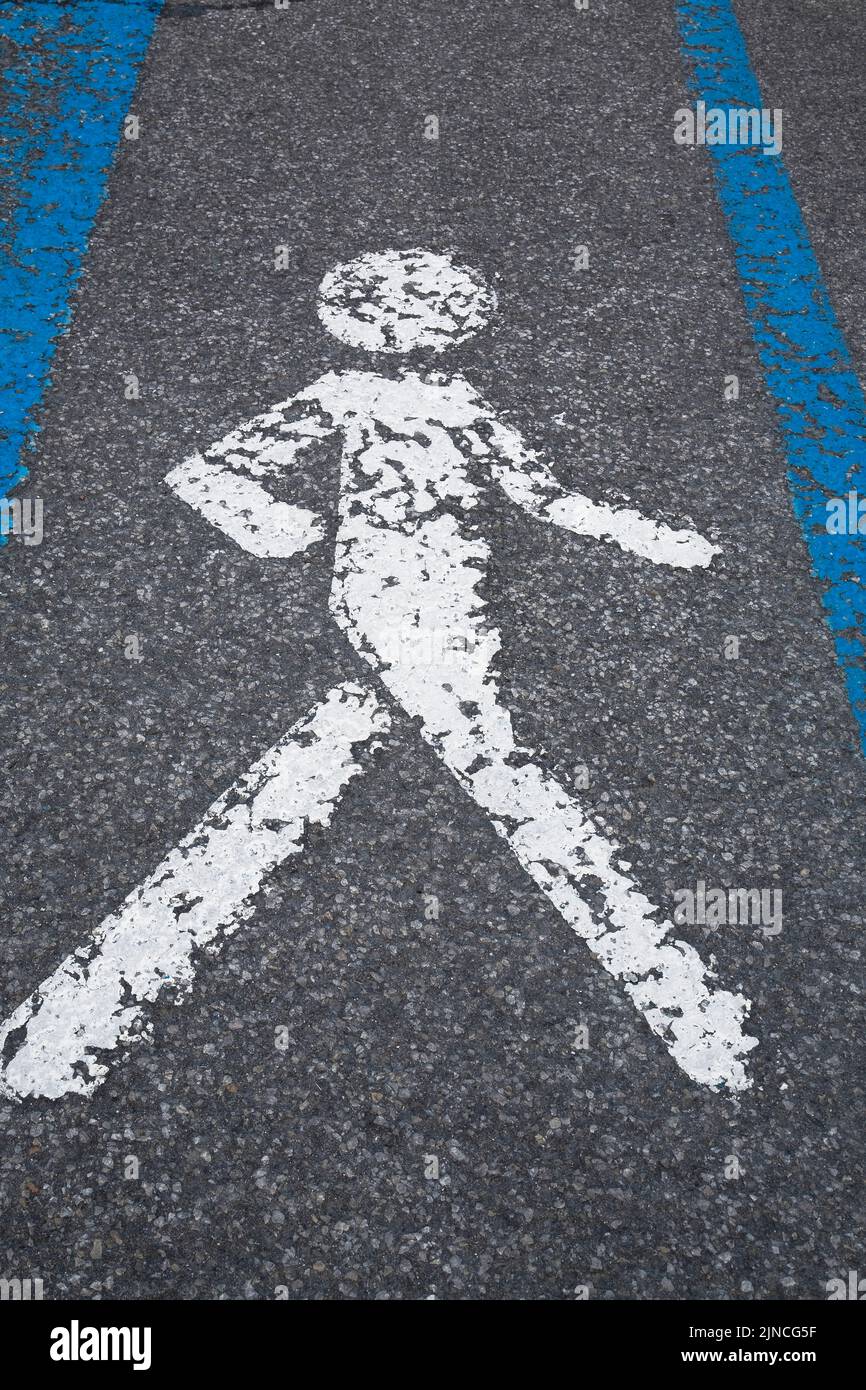White painted pictogram of pedestrain walking zone between blue lines on black asphalt pavement, Montreal, Quebec, Canada Stock Photo