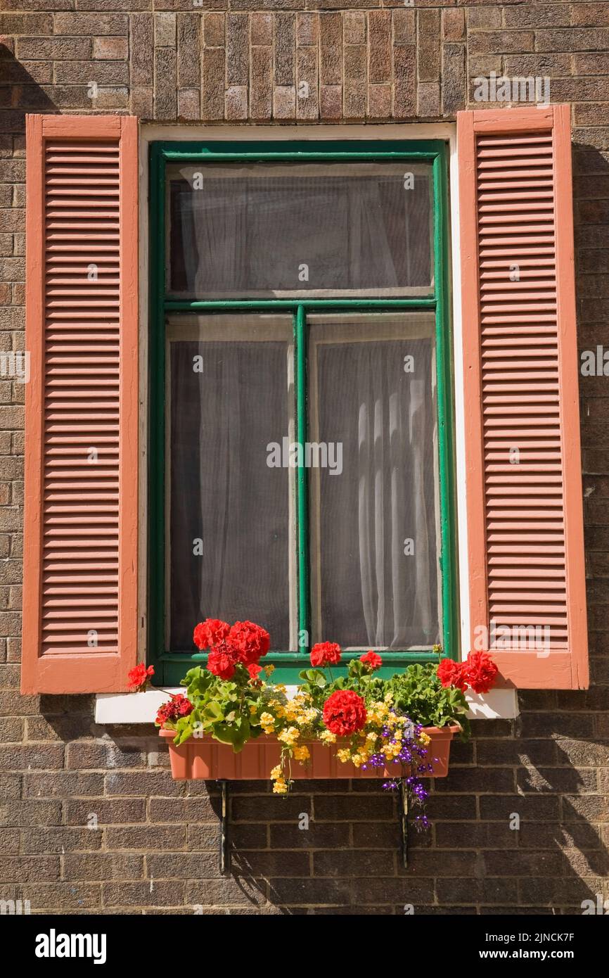 Window with flower box on rue Monseigneur de Laval in summer, Upper Town area of Old Quebec City, Quebec, Canada Stock Photo
