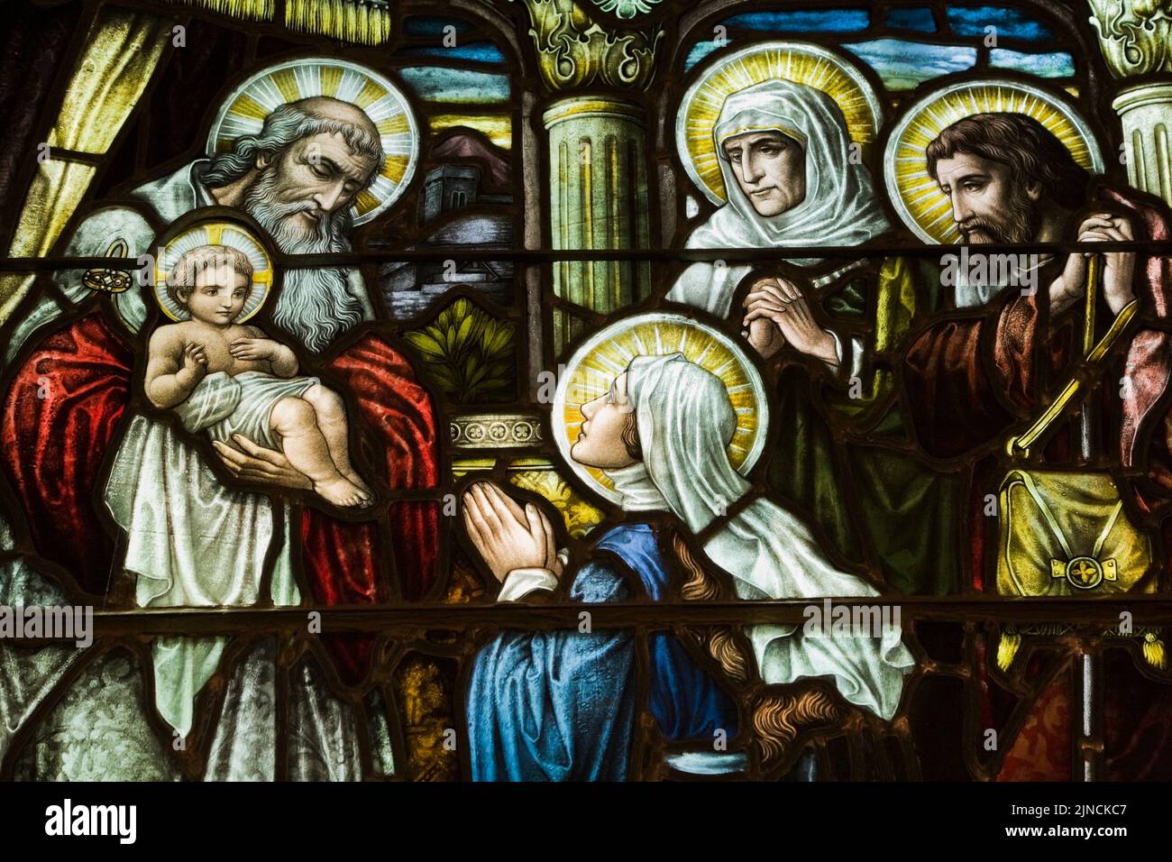 Colourful stained glass window with religious scene, Cathedral of the Holy Trinity, Quebec City, Quebec, Canada. Stock Photo