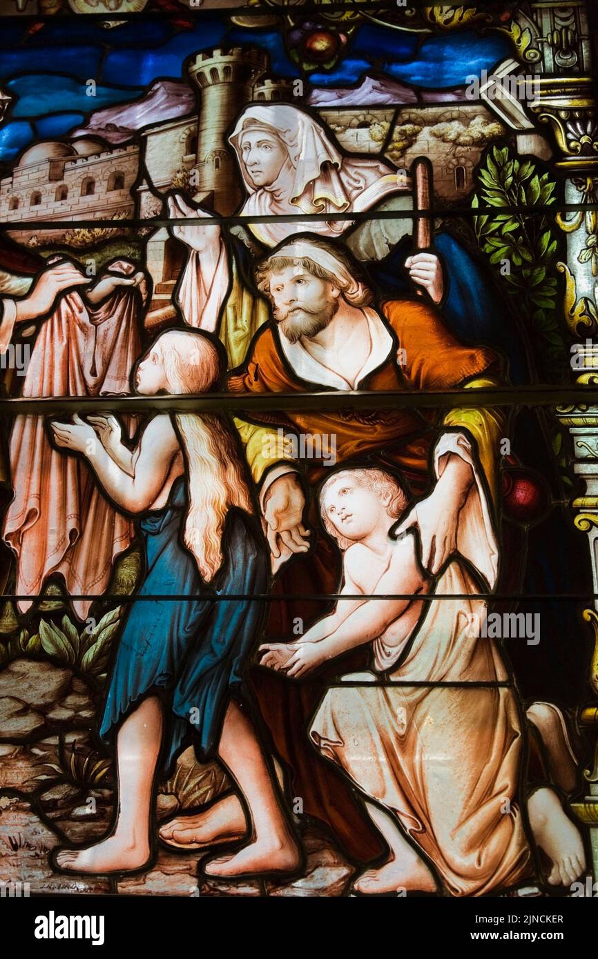 Colourful stained glass window with religious scene, Cathedral of the Holy Trinity, Quebec City, Quebec, Canada. Stock Photo