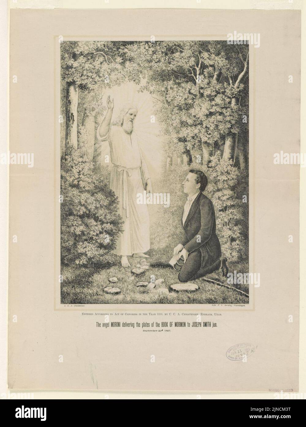 The angel Moroni delivering the plates of the Book of Mormon to Joseph