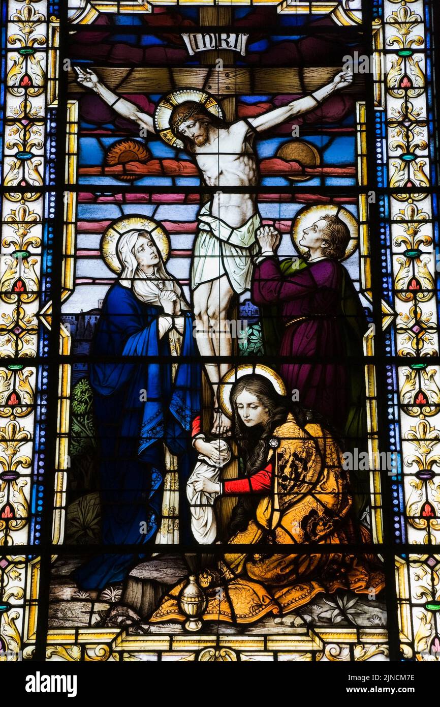 Colourful stained glass window with religious scene, Notre-Dame de Quebec Basilica-Cathedral, Quebec City, Quebec, Canada Stock Photo