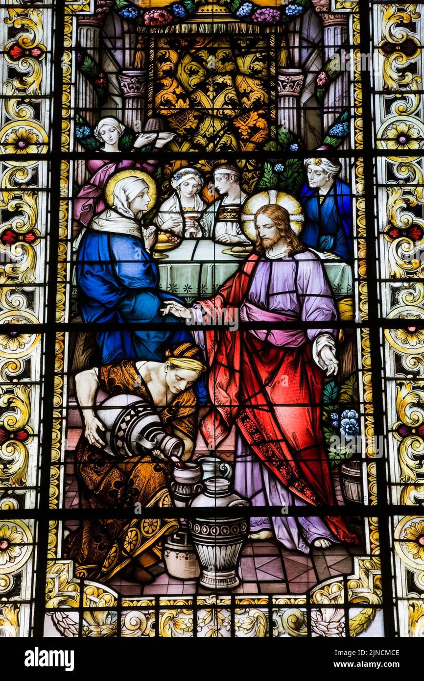 Colourful stained glass window with religious scene, NotreDame de