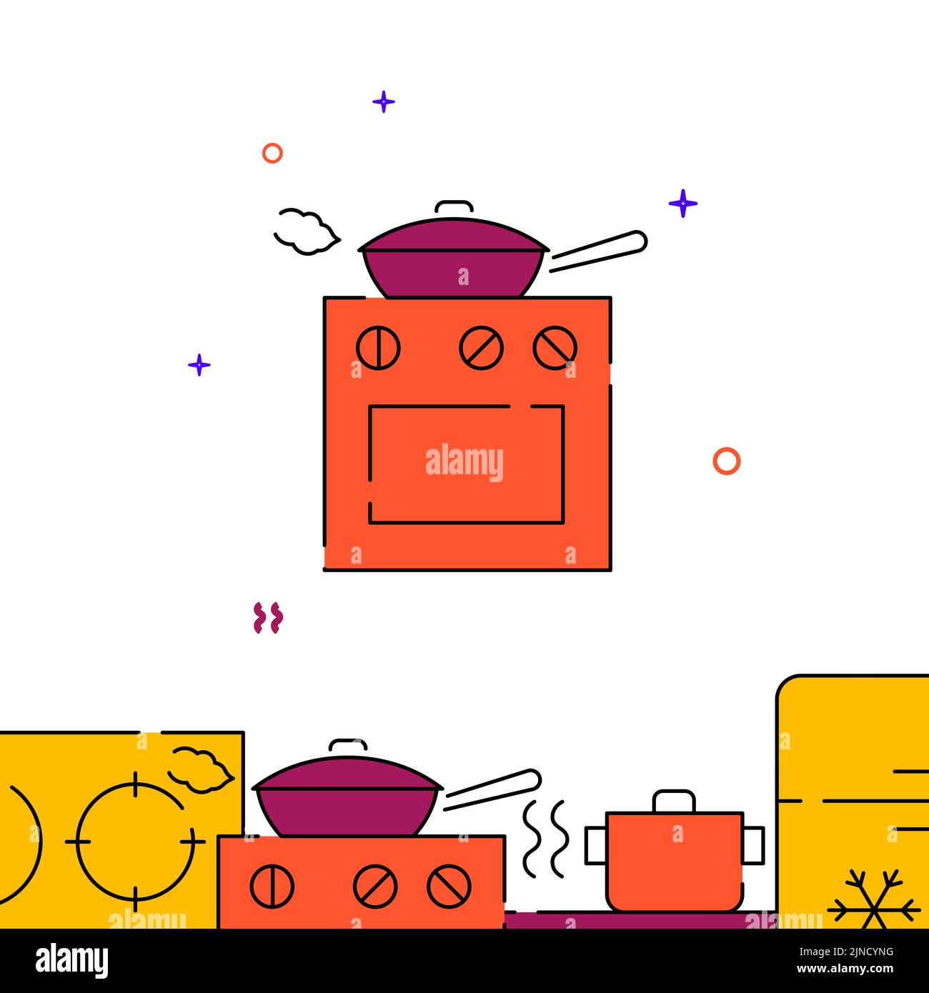Frying pan on the stove filled line vector icon, simple illustration, related bottom border. Stock Vector
