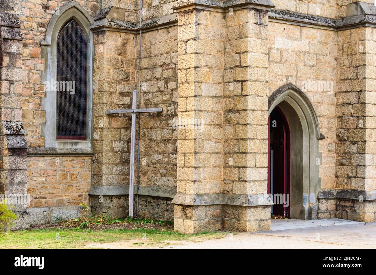 Entrance of Christ Church Anglican Church at the corner Ford and Church Streets - Beechworth, Victoria, Australia Stock Photo