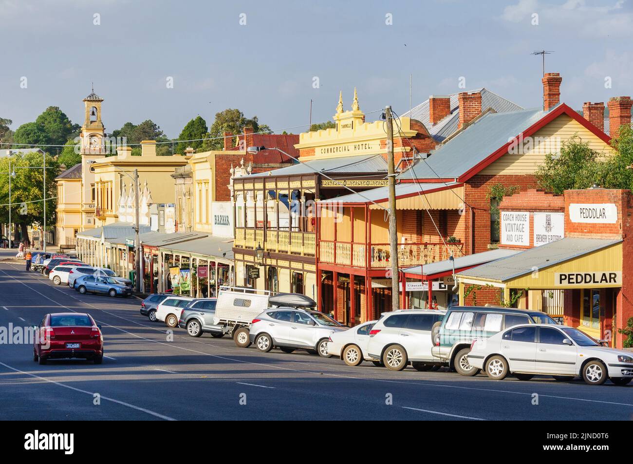 Main shopping strip lined with historic preserved buildings on Ford Street - Beechworth, Victoria, Australia Stock Photo