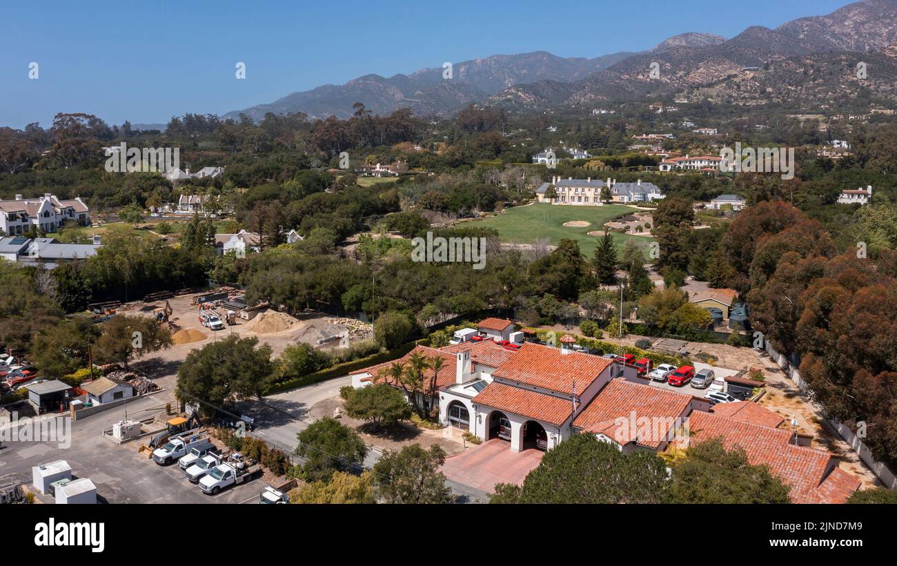 Daytime Aerial View Of Downtown Montecito California USA Stock Photo daytime-aerial-view-of-downtown-montecito-california-usa-stock-photo