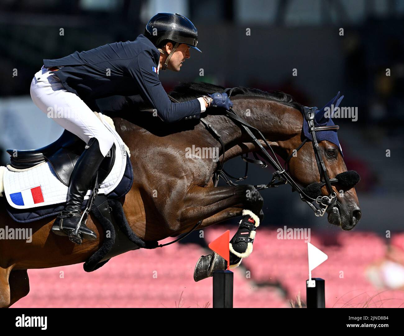 Herning, Denmark. 10th Aug, 2022. World Equestrian Games. Stables. Simon Delestre (FRA) riding CAYMAN JOLLY JUMPER during the FEI World Team & Individual Jumping Championship - First Competition - Speed. Credit: Sport In Pictures/Alamy Live News Stock Photo