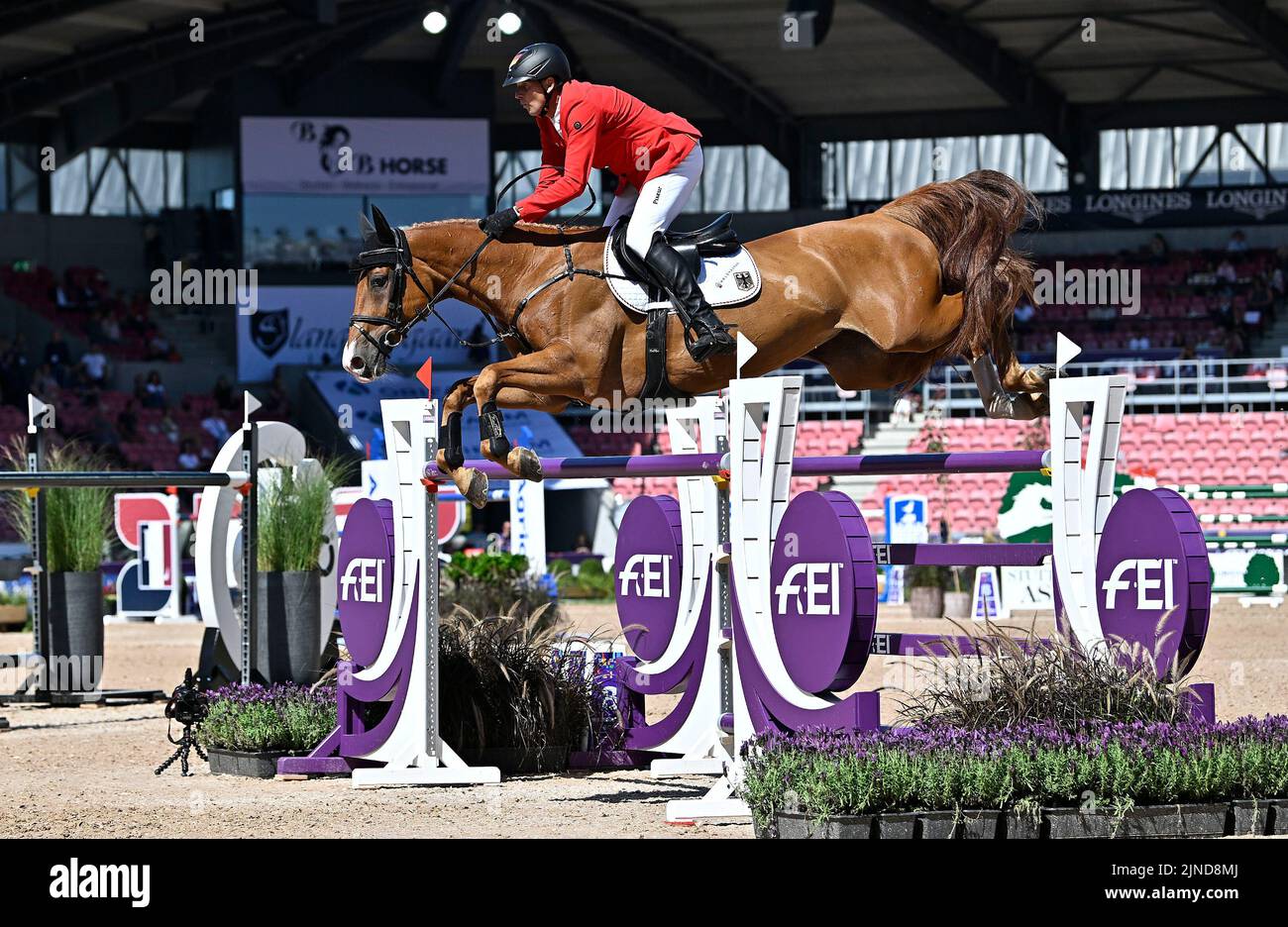 Herning, Denmark. 10th Aug, 2022. World Equestrian Games. Stables. Andre Thieme (GER) riding DSP CHAKARIA during the FEI World Team & Individual Jumping Championship - First Competition - Speed. Credit: Sport In Pictures/Alamy Live News Stock Photo