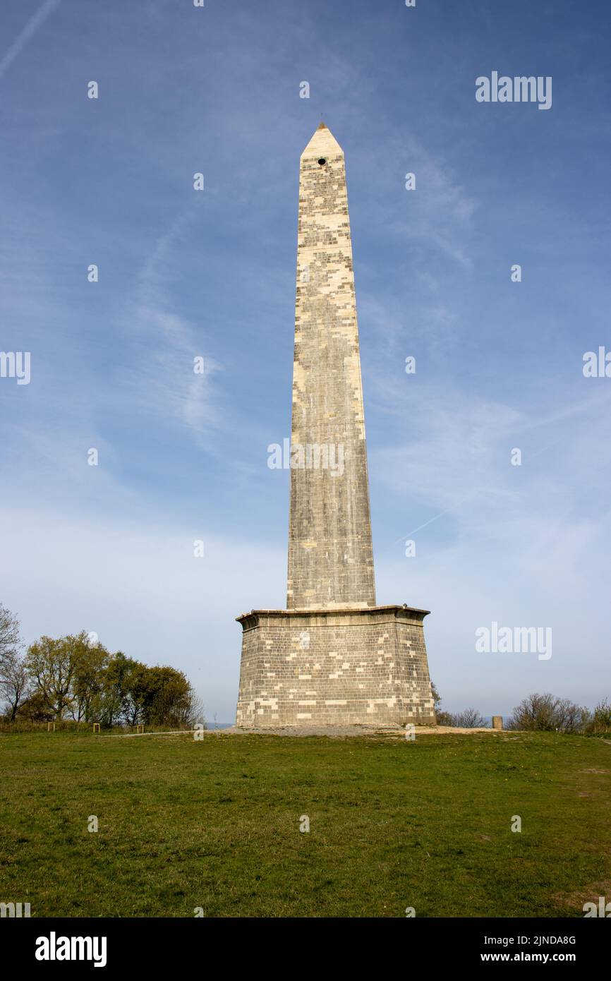 WELLINGTON, UK - APRIL 30, 2022 the Wellington Monument the tallest three-sided obelisk in the world at the edge of the Blackdown Hills Stock Photo