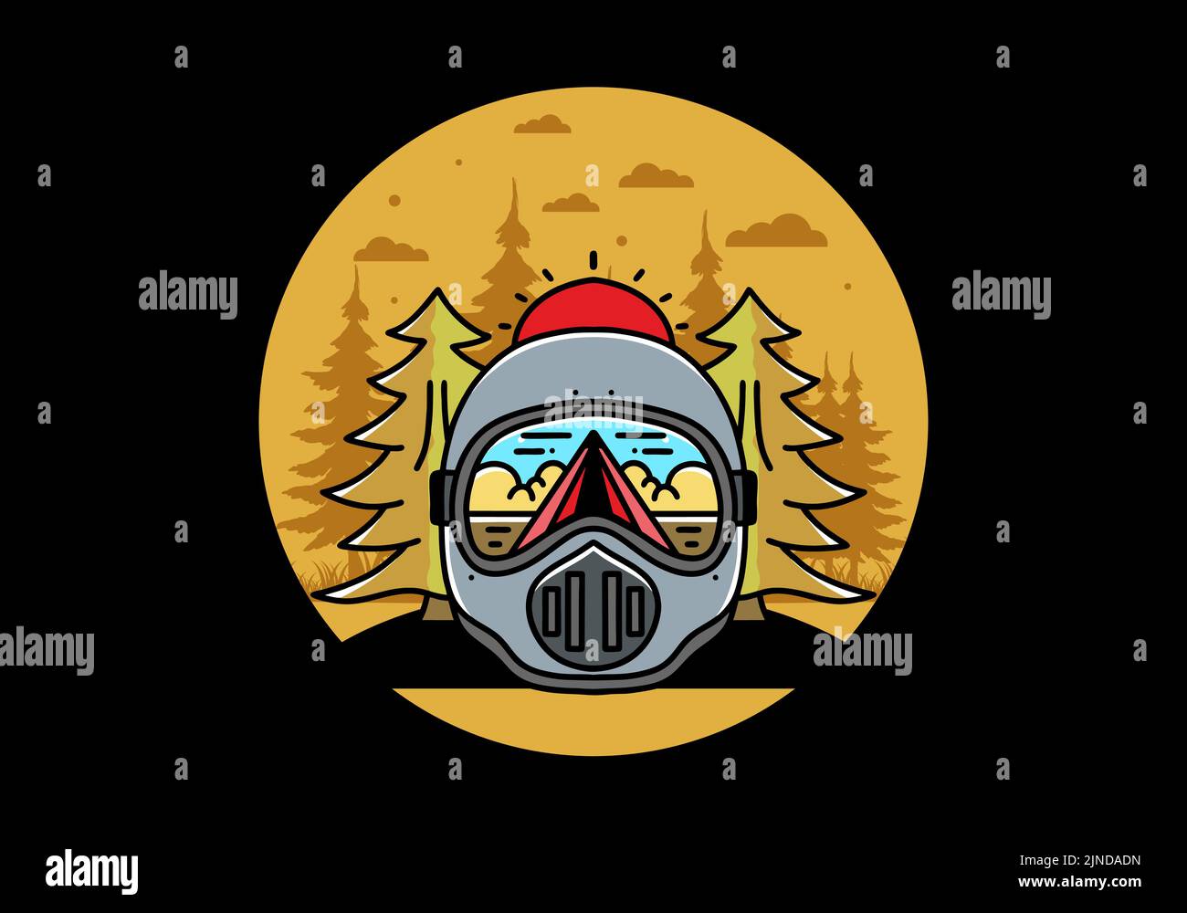 Illustration of a trail helmet with a pine tree beside and big sun