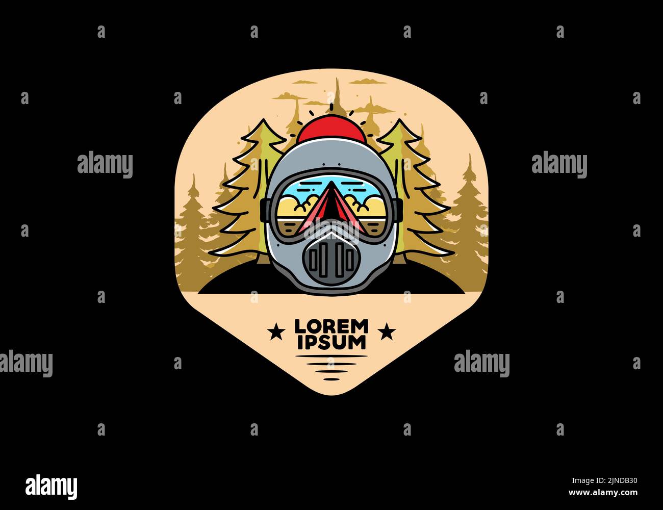 Illustration of a trail helmet with a pine tree beside and big sun