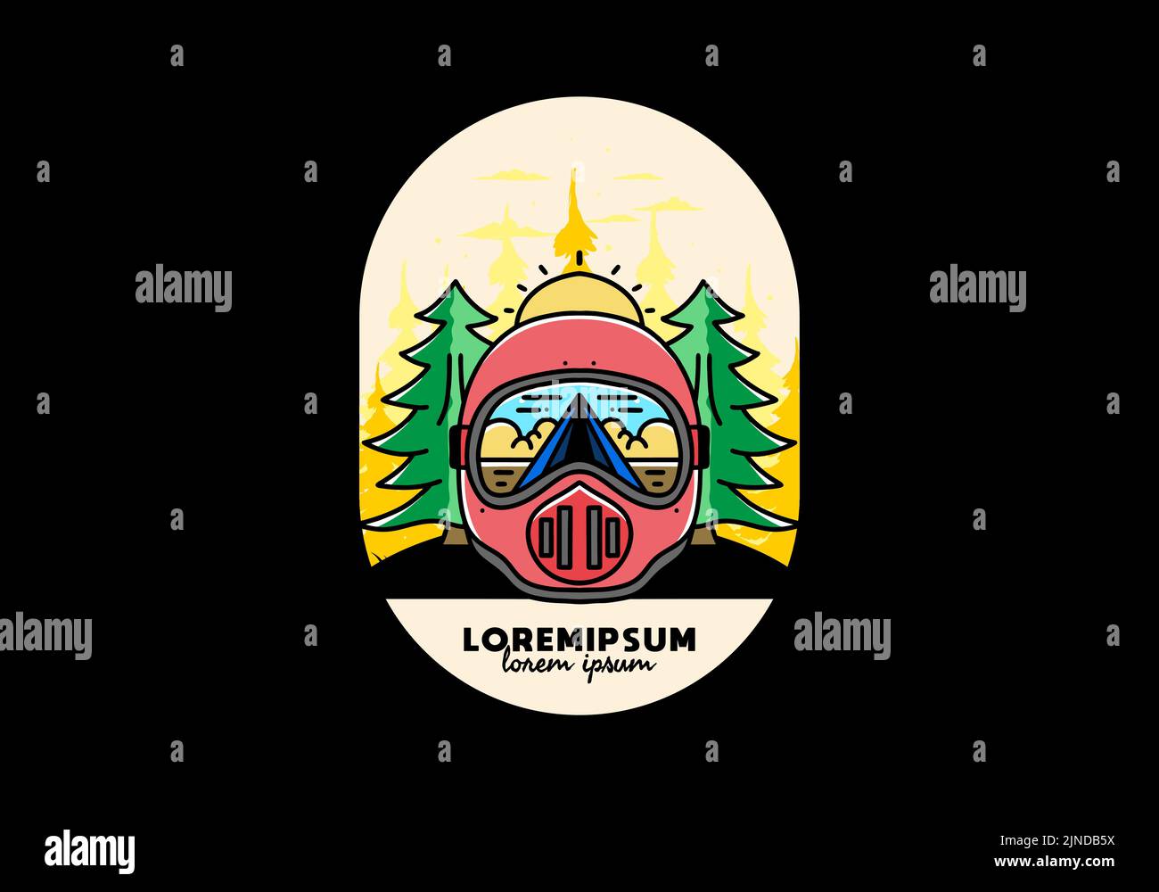 Illustration of a trail helmet with a pine tree beside and big sun