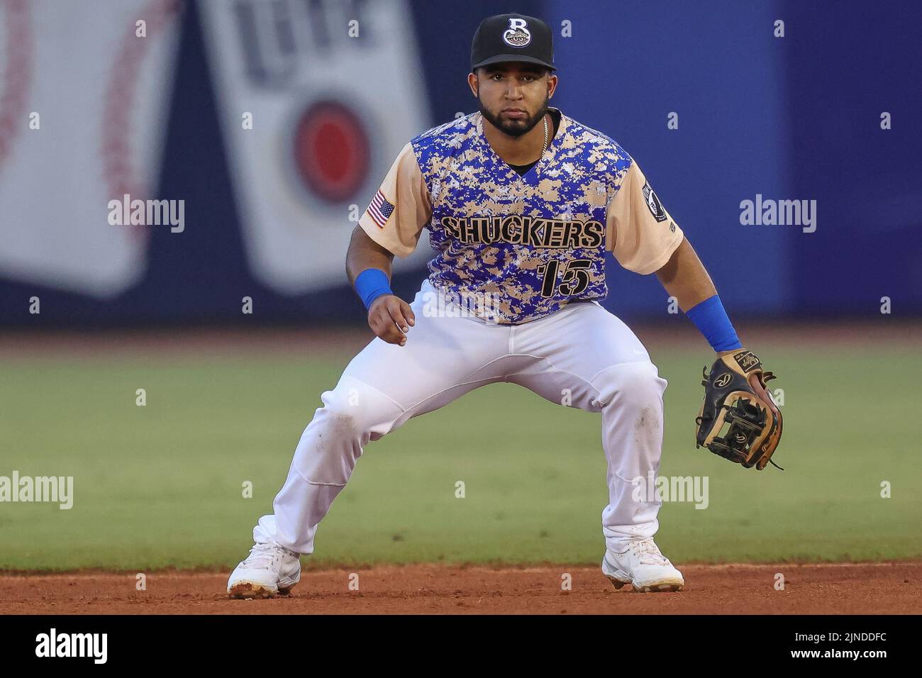 August 10, 2022: Biloxi Shuckers infielder Felix Valerio (15) stands ready for action during an MiLB game between the Biloxi Shuckers and Rocket City Trash Pandas at MGM Park in Biloxi, Mississippi. Bobby McDuffie/CSM Stock Photo