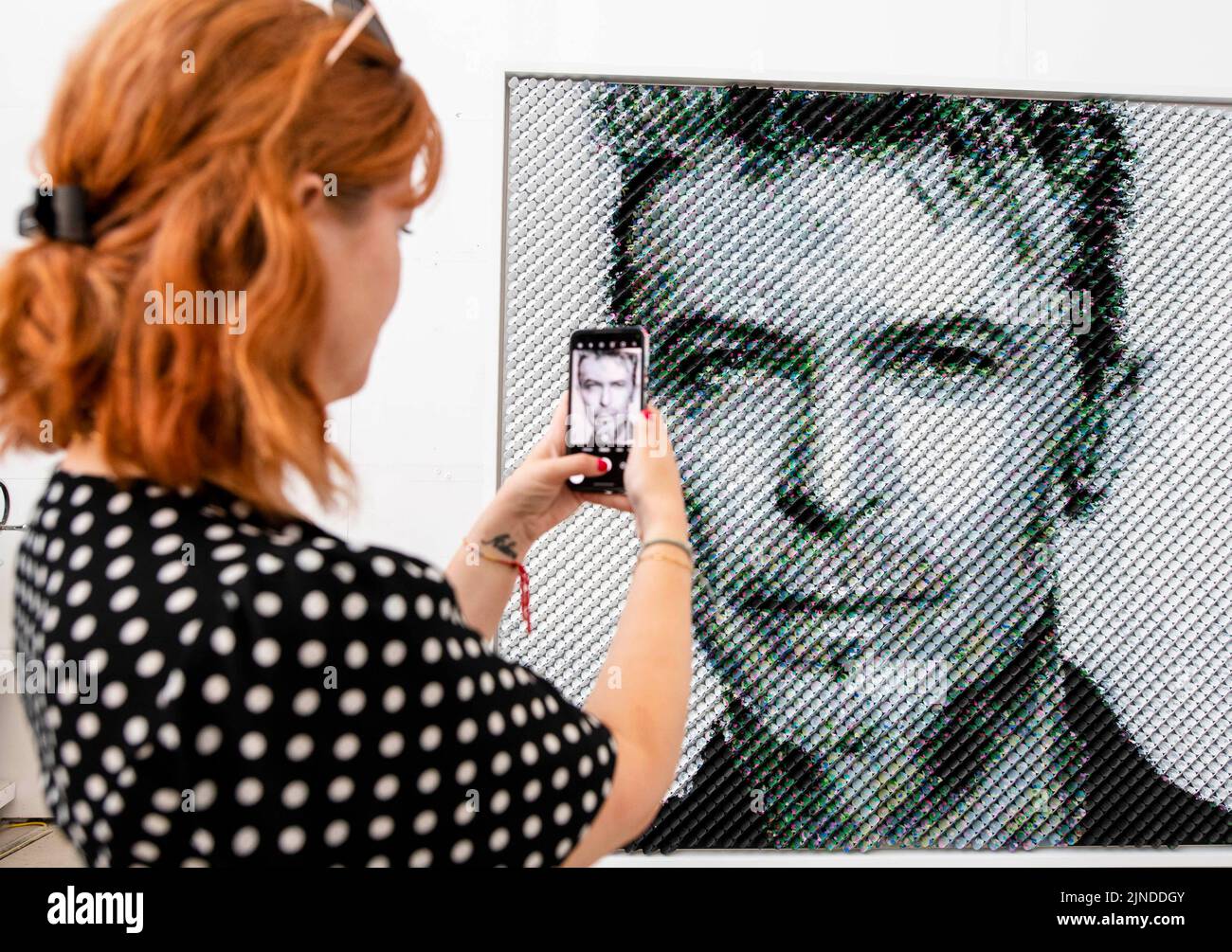 EDITORIAL USE ONLY A portrait of David Bowie made from over 8500 guitar plectrums, commissioned by Sky Arts to celebrate Bowie topping a new definitive list of Britain's 50 most influential artists of the last 50 years . Issue date: Thursday August 11, 2022. Stock Photo