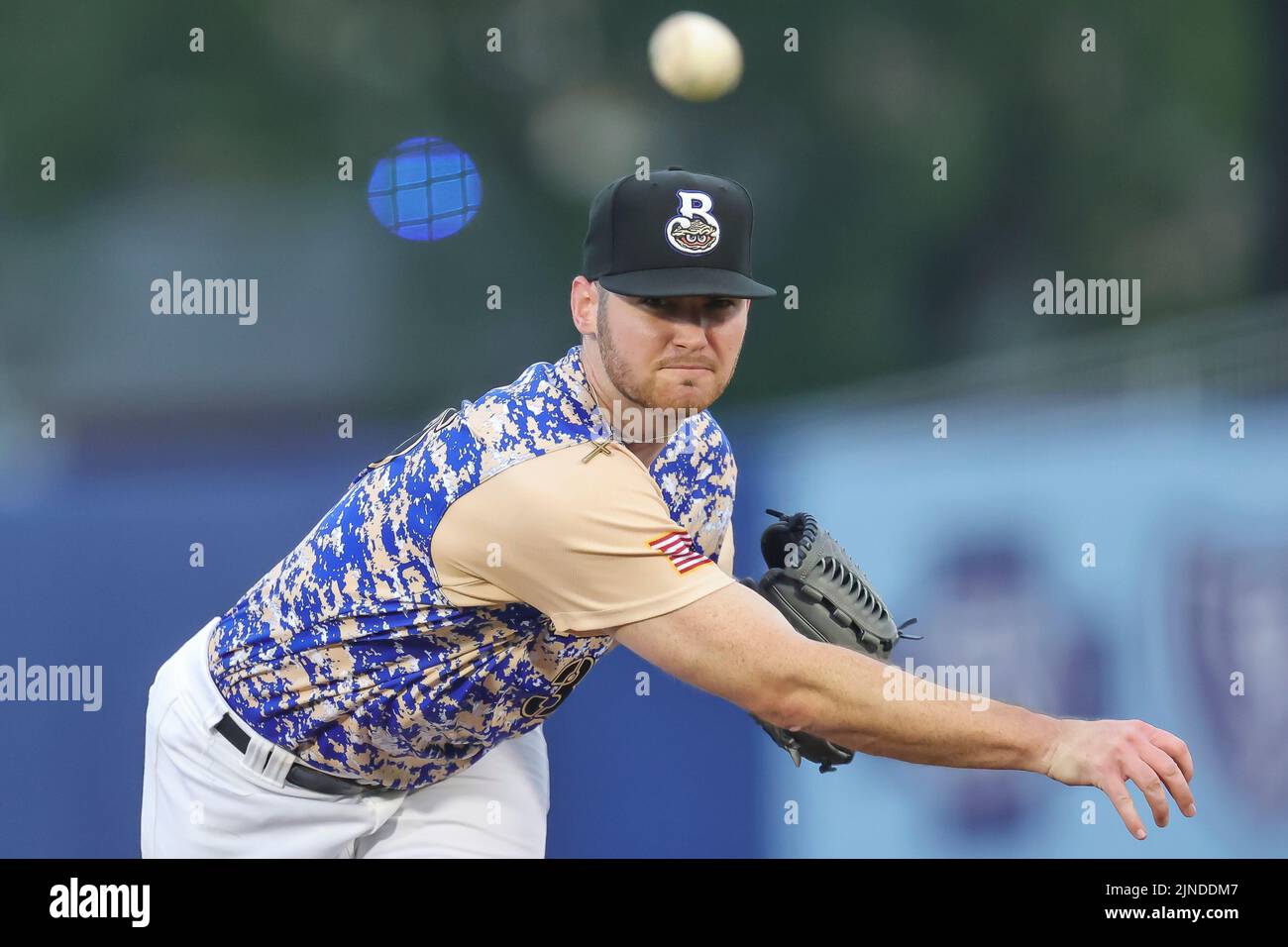 August 10, 2022: Biloxi Shuckers pitcher TJ Shook (35) pitches during an MiLB game between the Biloxi Shuckers and Rocket City Trash Pandas at MGM Park in Biloxi, Mississippi. Bobby McDuffie/CSM Stock Photo