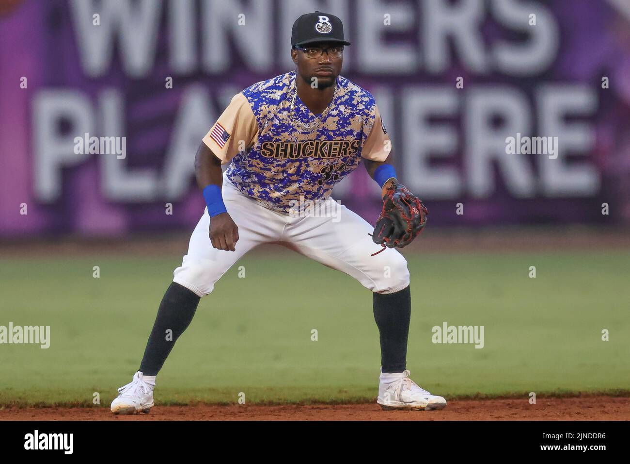August 10, 2022: Biloxi Shuckers infielder Andruw Monasterio (33) in the ready position during an MiLB game between the Biloxi Shuckers and Rocket City Trash Pandas at MGM Park in Biloxi, Mississippi. Bobby McDuffie/CSM Stock Photo