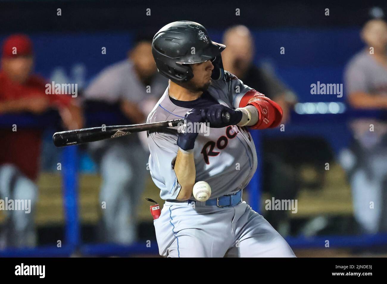 August 10, 2022: Rocket City Trash Pandas infielder Zach Neto (7) is hit by a pitch during an MiLB game between the Biloxi Shuckers and Rocket City Trash Pandas at MGM Park in Biloxi, Mississippi. Bobby McDuffie/CSM Stock Photo