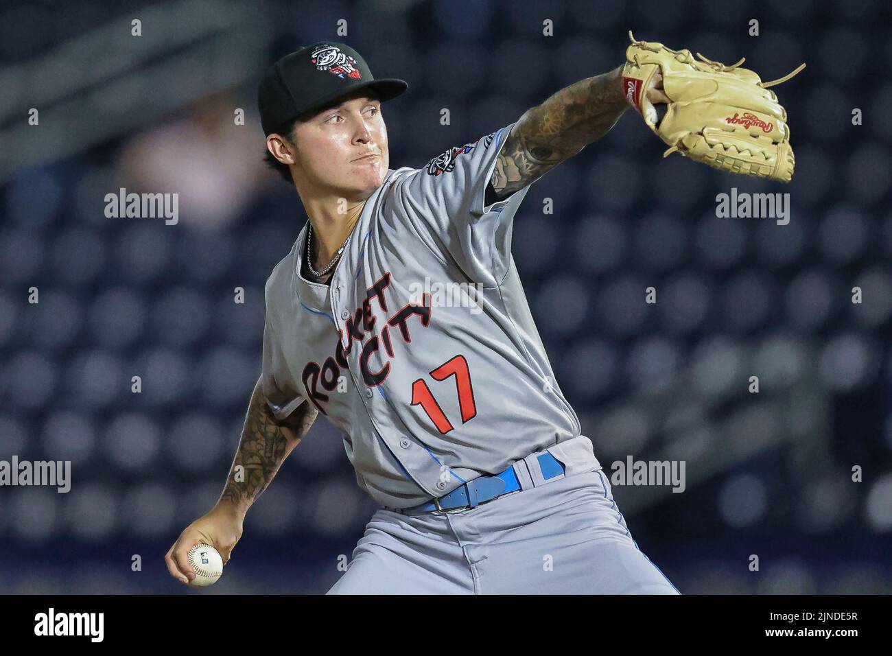 August 10, 2022: Rocket City Trash Pandas pitcher Aaron Hernandez (17) pitches during an MiLB game between the Biloxi Shuckers and Rocket City Trash Pandas at MGM Park in Biloxi, Mississippi. Bobby McDuffie/CSM Stock Photo