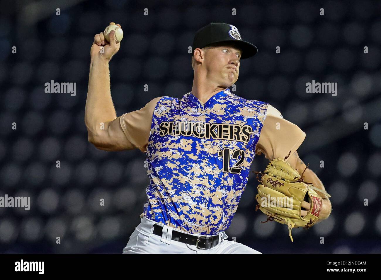August 10, 2022: Biloxi Shuckers pitcher Nash Walters (12) during an MiLB game between the Biloxi Shuckers and Rocket City Trash Pandas at MGM Park in Biloxi, Mississippi. Bobby McDuffie/CSM Stock Photo