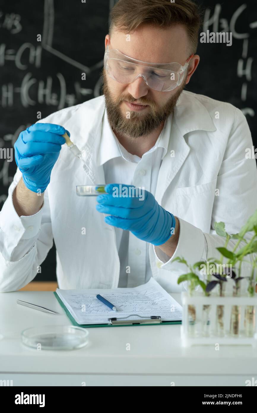 Scientist biotechnolog dropper over test tube dropping sample chemical