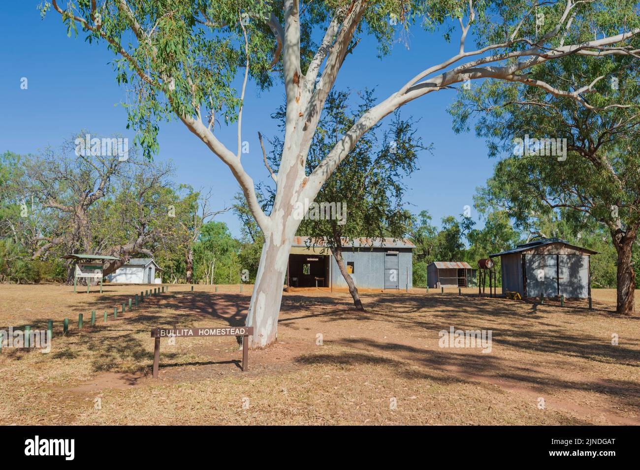 View of the historic Bullita Homestead, once an outstation owned by the Durack family and managed by Charlie Schultz, Judbarra/Gregory National Park, Stock Photo