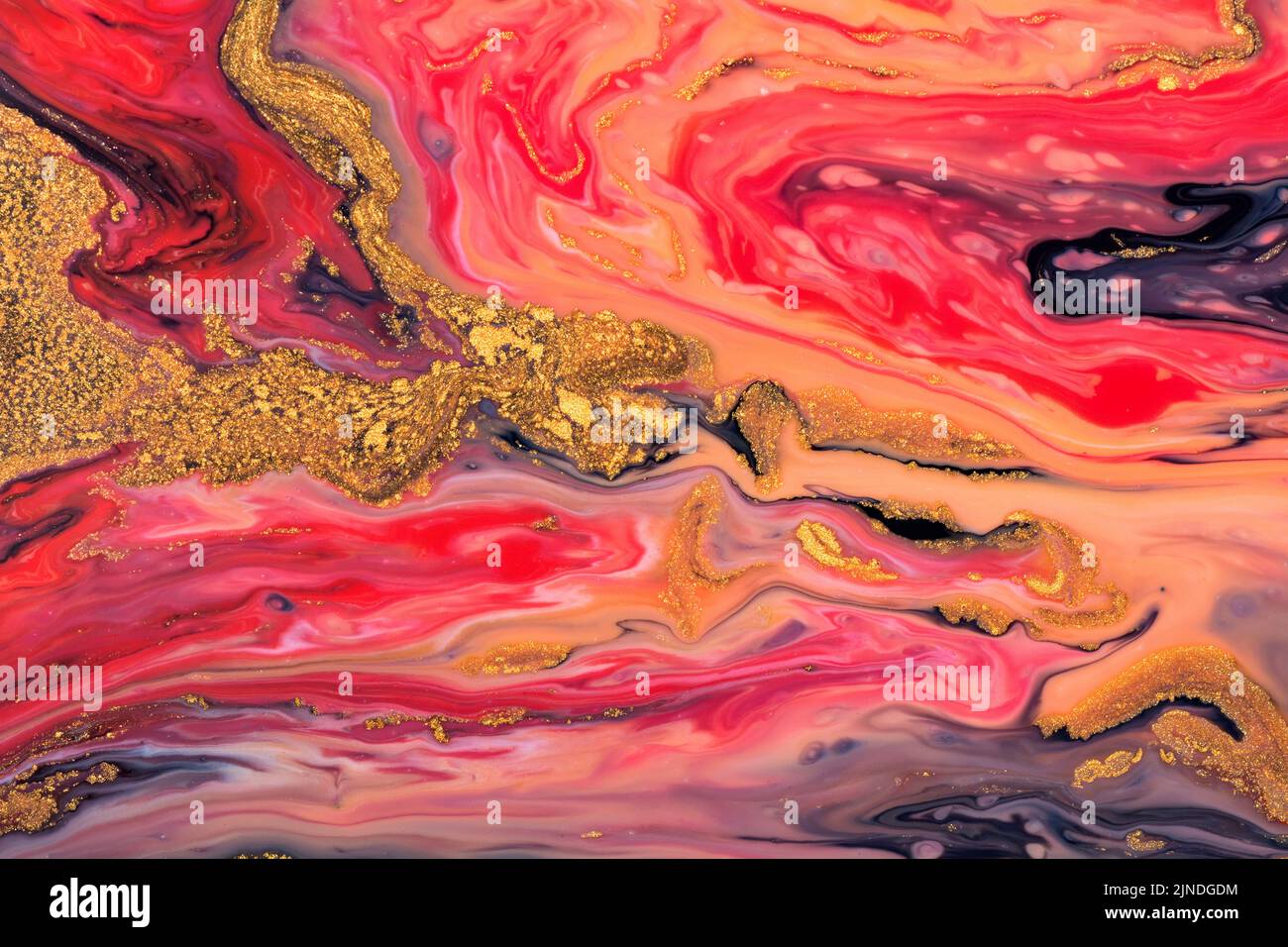 Luxury fluid art painting background. Spilled black, red, blu and gold acrylic paint.  Liquid marble pattern. Alcohol ink splash. Stock Photo