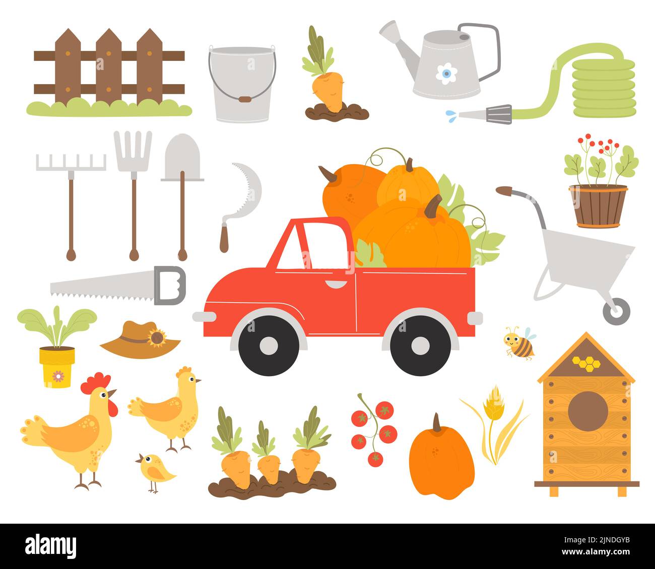 Farming big collection. Pumpkin truck, garden tools, rooster and hen