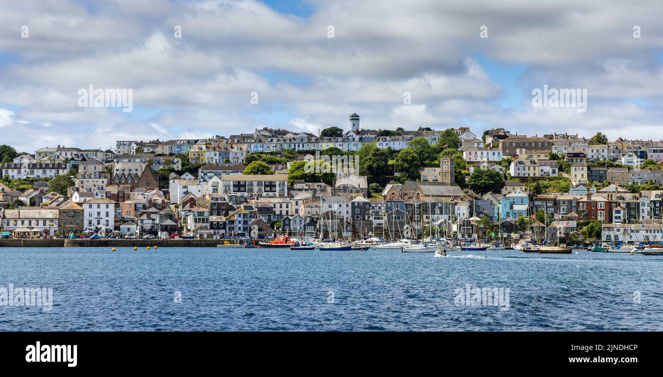 The harbour and waterfront of the Fal Estuary in the coastal town of Falmouth in Cornwall. Captured from the St Mawes/Falmouth ferry. Stock Photo