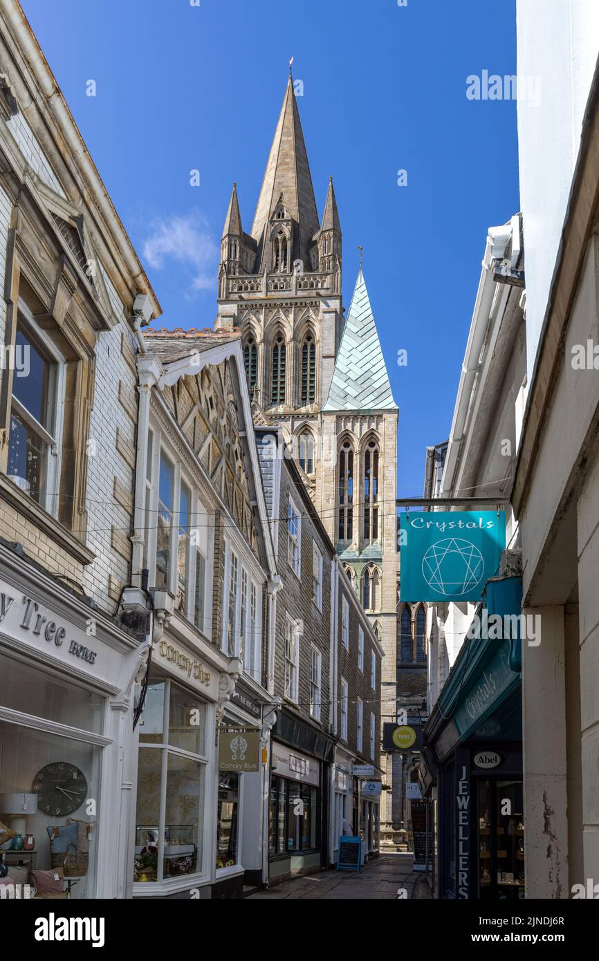The Victoria Tower and camponile of Truro Cathedral seen from Cathedral Lane, Truro, Cornwall. Stock Photo