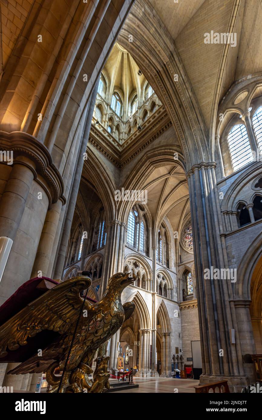 Interior of the magnificent Truro Cathedral showing the brass eagle lectern, Cornwall. Stock Photo