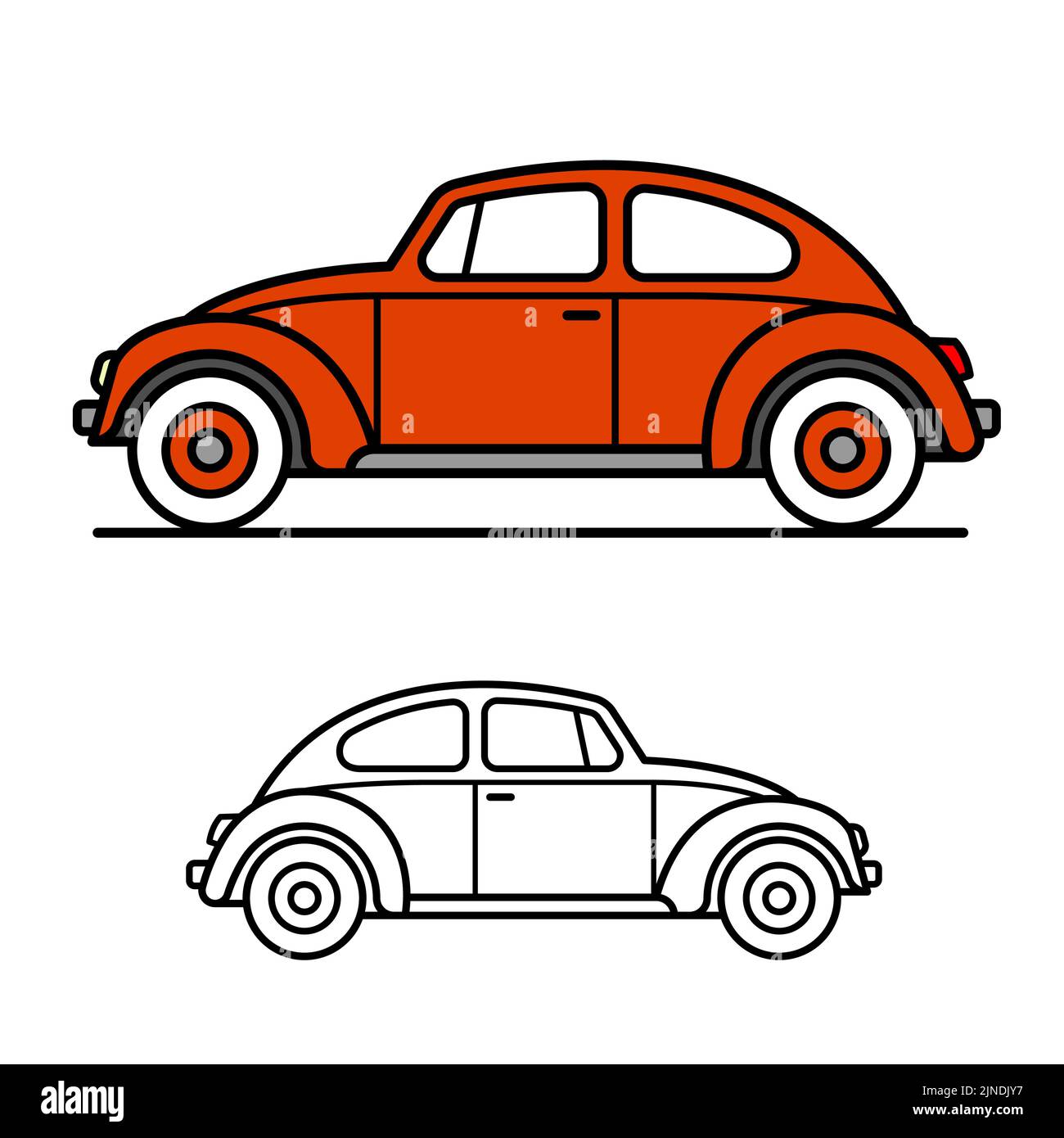 Classic vintage beetle car in red isolated on white background in two versions - vector illustration Stock Vector