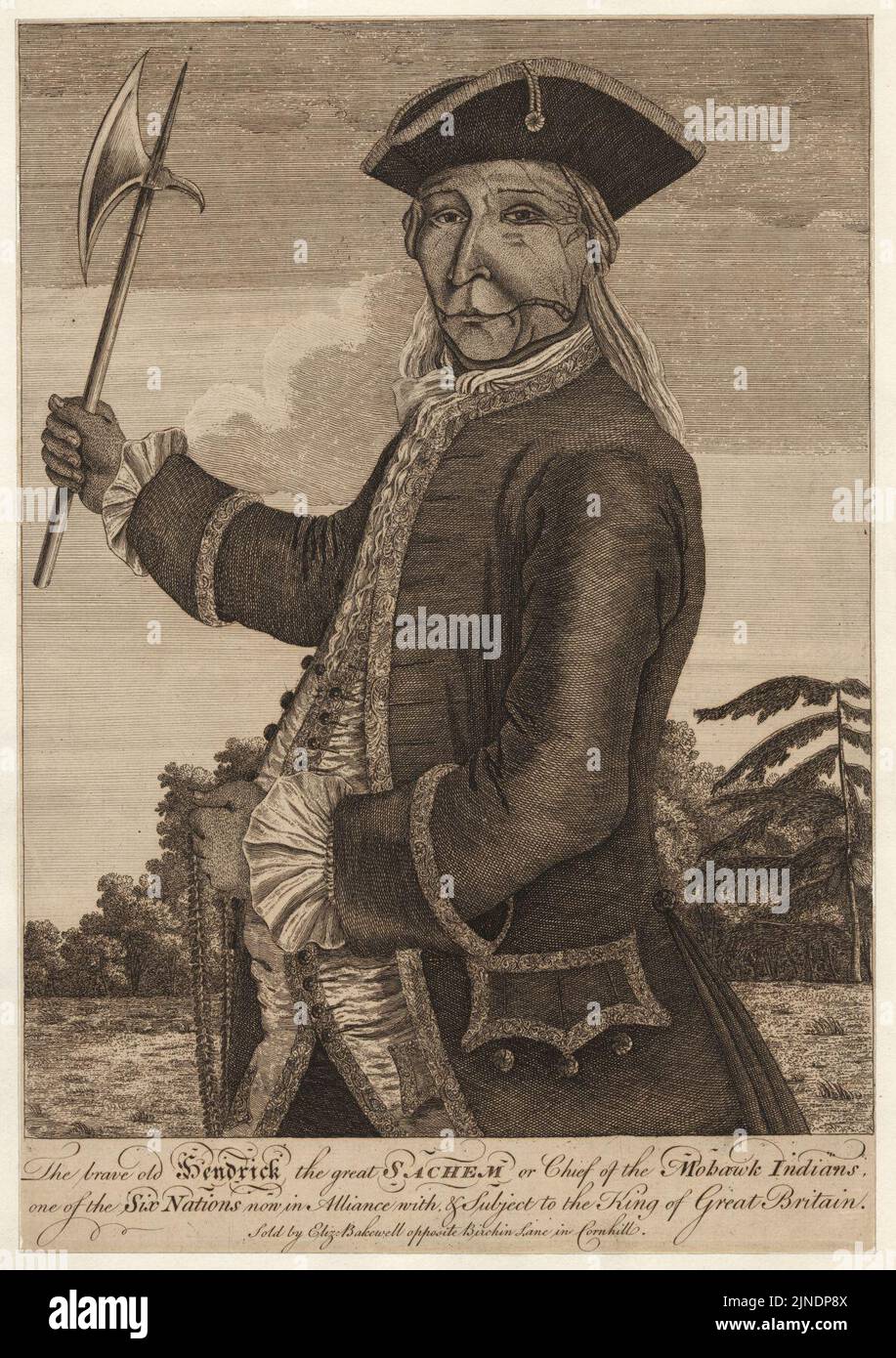 The brave old Hendrick, the great Sachem or chief of the Mohawk Indians, one of the six nations now in alliance with, and subject to the king of Great Britain Stock Photo