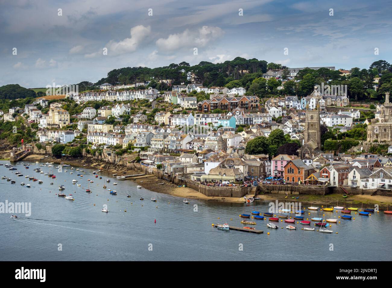 Elevated view of the beautiful Fowey estuary and the town of Fowey on the south coast of Cornwall. Stock Photo